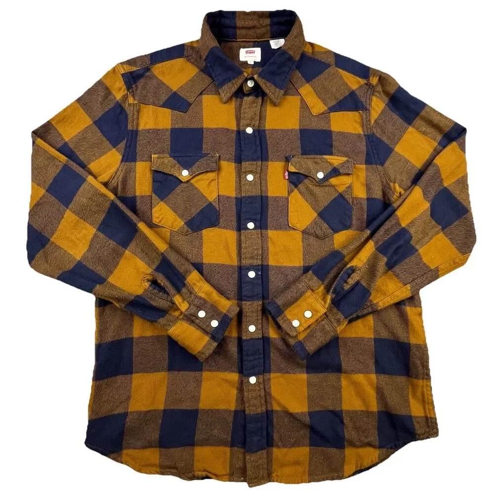 Levis Flannel Shirt Men Large Brown Blue Plaid Western Pearl Snap Rodeo Cowboy